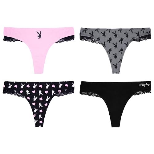 Playboy Damen Amazon Exclusive Juniors unterwäsche-und BH-Sets mit Häschen-Print in Den Größen XXS-XL Tangahöschen, 4er-Pack Tanga mit Spitze, L von Playboy