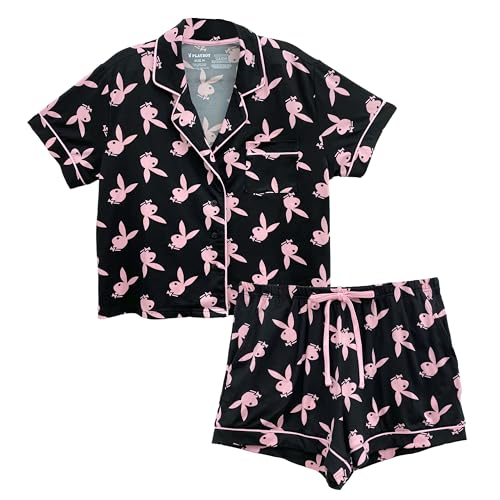 Playboy Damen Amazon Exclusive Pajama Lounge Silky Satin, Soft Jersey & Cotton Fabrications Pyjamaset, Superweiches Set – Schwarz mit rosa Hasenwurf, M (2er Pack) von Playboy
