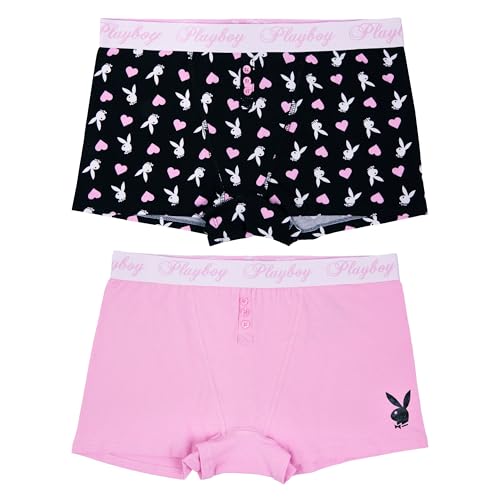 Playboy Damen Amazon Exclusive Juniors unterwäsche-und BH-Sets mit Häschen-Print in Den Größen XXS-XL Retroshorts, Boyfriend-Boxershorts, 2 Stück, S (2er Pack) von Playboy