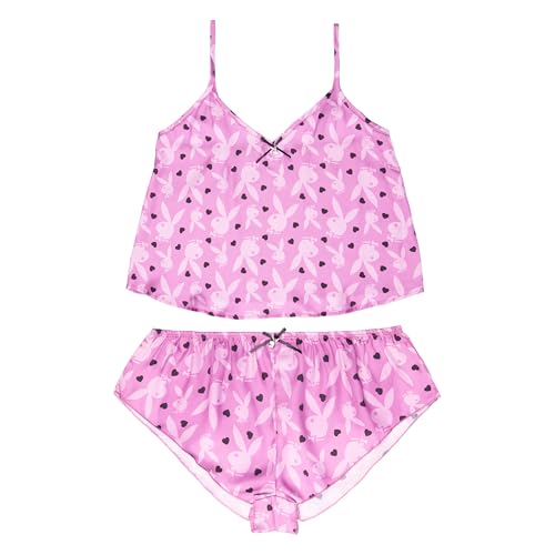 Playboy Damen Exklusive Pyjama-Lounge-Sets Von Amazon, Weichem Jersey und Baumwolle Pyjamaset, Seidiges Satin-Rosa mit schwarzen Herzen, M (2er Pack) von Playboy