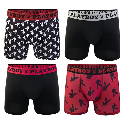 Playboy Herren Sportliche Boxershorts für den täglichen Gebrauch, aus weichem, gebürstetem Stoff, Größen S, M, L und XL, 4 Stück Retroshorts, 4er-Pack Bunny-Wurf, Large von Playboy