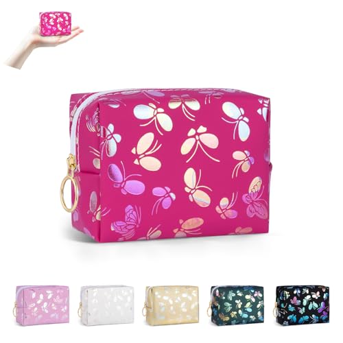 10 * 6 * 8cm Mini Schminktasche Damen Mini-Kosmetiktasche PU Leder Klein Kulturbeutel Make up Tashe Kleine Waschtasche mit Schmetterling Organizer Reise Zubehör Geschenk Beste Freundin(Rose) von Playexen
