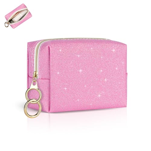 10 * 8 * 6cm Mini Tasche Klein Kosmetiktasche für Handtasche Damen Schminktasche PU Leder Glitzern Tragbare Mini-Kulturbeutel Wasserdicht für Reise Makeup Zubehör-Organizer Makeup Geldbeutel(Rosa) von Playexen