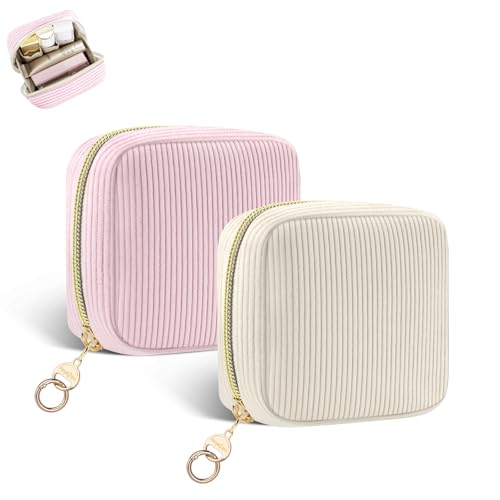 2 Stück 10*10*5cm Mini Tasche Kleine Kosmetiktasche für Handtasche Damen Schminktasche Make-up-Tasche für Reise Zubehör Geldbeutel Kulturbeutel mit Schlüsselring Geschenk Beste Freundin(Beige&Rosa) von Playexen