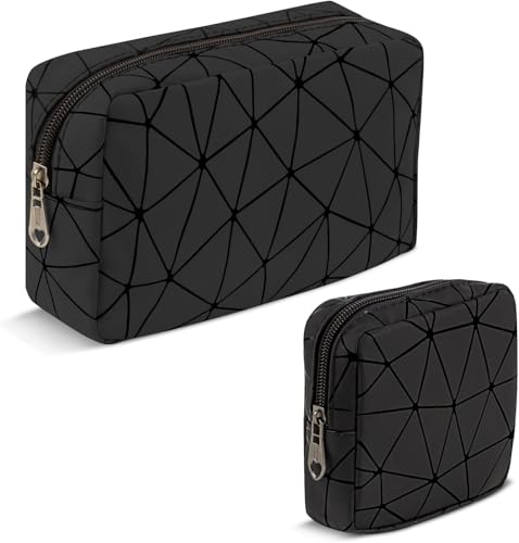 2 Stück Kosmetiktasche, Kleine Kosmetiktasche Damen PU Leder Tragbare,Kulturbeutel Groß Wasserdicht Reisezubehör-Organizer, Multifunktional Makeup Tasche Geldbeutel Kulturtasche für Frauen,Schwarz von Playexen