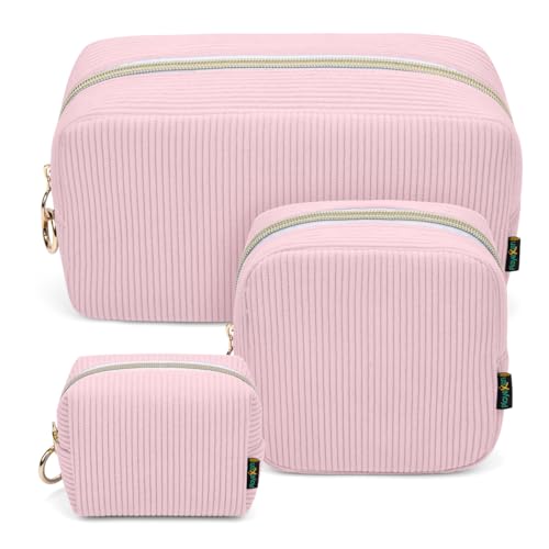 3 Stück Kosmetiktasche Kleine Make up Tasche Verdickt Cord Schminktasche Kulturtasche Große für Damen Mädchen Frauen Reisetasche Tragbare Kulturbeutel Set Kosmetik Parfüm Tasche Organizer(Rosa) von Playexen