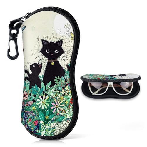 Brillenetui Weiche für Sonnenbrille Aufbewahrung Tasche Herren & Damen oder Kinder Ultraleichter Neopren-Reißverschluss Gürtelclip Brillenetui Tragbar für Schlüssel Bleistifte Karten(Blume Katze) von Playexen