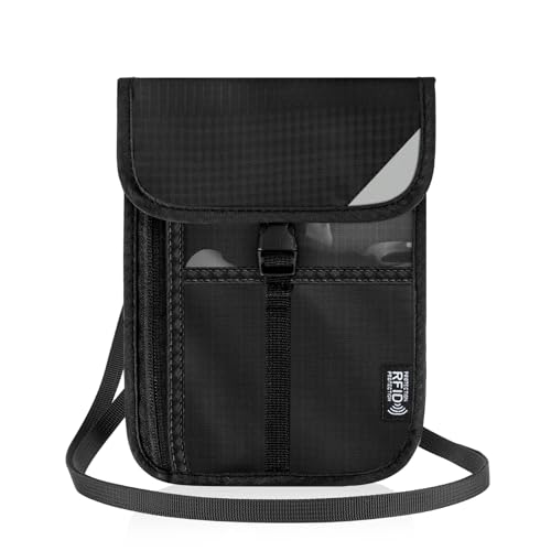 Brustbeutel Herren Damen Brusttasche Reisegeldbeutel mit RFID Schutz Diebstahlsicher Umhängebeutel Kinder Passport Tasche mit 4 Fächer Für Reisen für Smartphone Münzen Reise Dokument(Schwarz) von Playexen