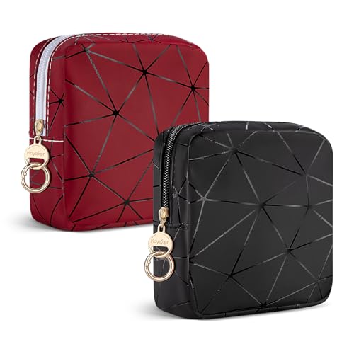 2 Stück Klein Kosmetiktasche Mini Make up Tasche Damen PU Leder Schminktasche Tragbare Mini-Kulturbeutel Wasserdicht für Kosmetikzubehör-Organizer Kulturtasche Geldbeutel für Frauen(Schwarz&Rot) von Playexen