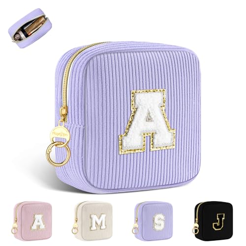 Kosmetiktasche Klein Personalisierte Mini Make up Tasche Kleine Cord Schminktasche Damen Tragbare Reise-Kulturbeutel für Toilettenartikel Organizer Initialen Geburtstag für Mädchen Hellviolett A von Playexen