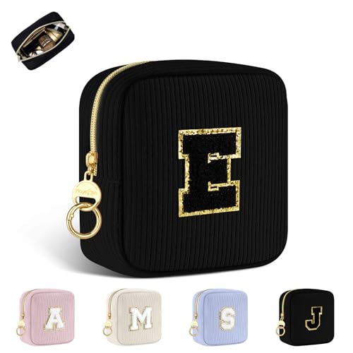 Personalisierte Kosmetiktasche Kleine Make up Tasche Cord Schminktasche Damen Tragbare Reise-Kulturbeutel für Toilettenartikel Organizer Personalisierte Initialen Geburtstag für Mädchen Schwarz E von Playexen