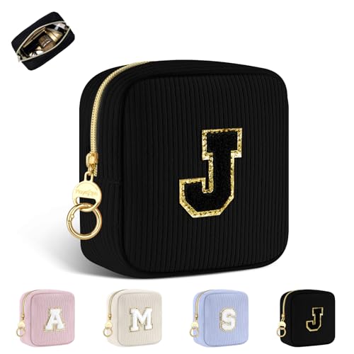 Personalisierte Kosmetiktasche Kleine Make up Tasche Cord Schminktasche Damen Tragbare Reise-Kulturbeutel für Toilettenartikel Organizer Personalisierte Initialen Geburtstag für Mädchen Schwarz J von Playexen