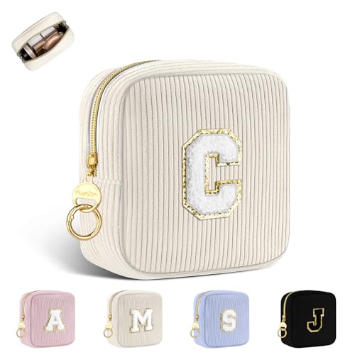 Personalisierte Kosmetiktasche Mini Make up Tasche Klein Cord Schminktasche Damen Tragbare Reise-Kulturbeutel für Toilettenartikel Organizer Personalisiert Initialen Geburtstag für Mädchen Beige C von Playexen