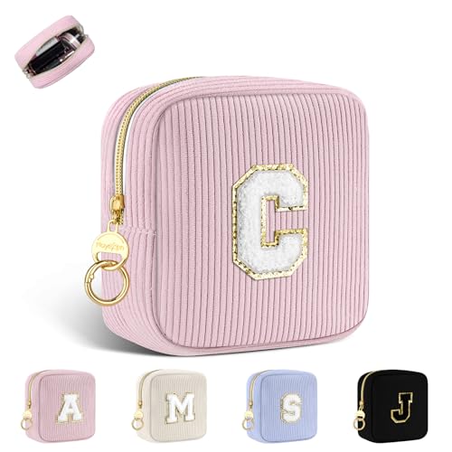 Personalisierte Kosmetiktasche Mini Make up Tasche Klein Cord Schminktasche Damen Tragbare Reise-Kulturbeutel für Toilettenartikel Organizer Personalisiert Initialen Geburtstag für Mädchen Rosa C von Playexen