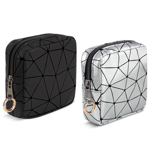 2 Stück Klein Kosmetiktasche Mini Make up Tasche Damen PU Leder Schminktasche Tragbare Mini-Kulturbeutel Wasserdicht für Kosmetikzubehör-Organizer Kulturtasche Geldbeutel für Frauen(Schwarz&Silber) von Playexen