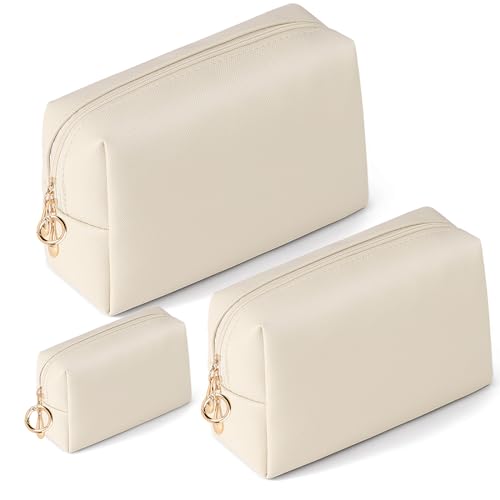 3 Stück Kosmetiktasche Große für Damen Multifunktional Kulturtasche Set PU Leder Schminktasche Kulturbeutel Damen Mädchen Reise Kosmetiktäschchen Tragbare Kosmetik Parfüm Tasche Organizer(Beige) von Playexen