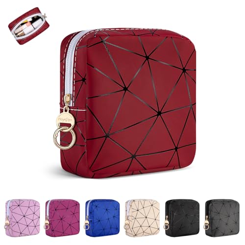 Playexen Mini-Make-up-Tasche, 11,4 cm, kleine Kosmetiktasche für Geldbörse mit Ringschnalle, tragbare Reise-Make-up-Tasche für Frauen und Mädchen (Dunkelrot), Dunkelrot, Small, Kleine Make-up-Tasche von Playexen