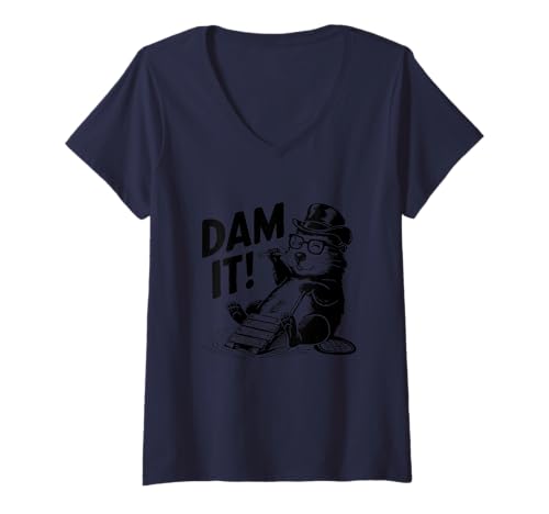 Damen Dam It Lustiger Biberhut Brille Humor T-Shirt mit V-Ausschnitt Damen Dam It Lustiger Biberhut Brille Humor T-Shirt mit V-Ausschnitt von Playful Beaver Top Hat Glasses Smoking