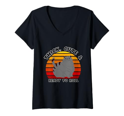 Damen Dicker, niedlicher und bereit zum Rollen T-Shirt mit V-Ausschnitt Damen Dicker, niedlicher und bereit zum Rollen T-Shirt mit V-Ausschnitt von Playful Cat Humor Lovers Retro Vibes