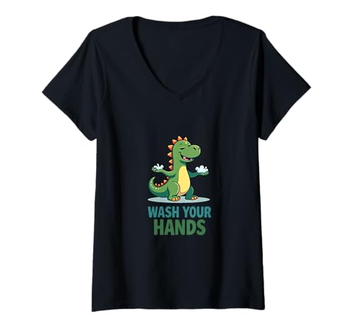 Damen Waschen Sie Ihre Hände, Dinosaurier-Hygiene-Erinnerung T-Shirt mit V-Ausschnitt von Playful Clean Dino Club