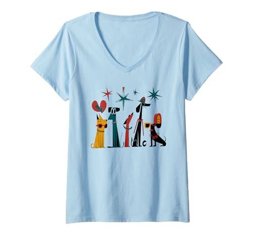 Damen Groovy Retro Dogs Funky Accessories Mid Century Stil Hunde T-Shirt mit V-Ausschnitt Damen Groovy Retro Dogs Funky Accessories Mid Century Stil Hunde T-Shirt mit V-Ausschnitt von Playful Colorful Funky Dog Illustration Retro Vibe
