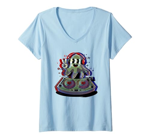 Damen Cartoon Geist Mit Kopfhörern Peace DJ Turntable Halloween T-Shirt mit V-Ausschnitt Damen Cartoon Geist Mit Kopfhörern Peace DJ Turntable Halloween T-Shirt mit V-Ausschnitt von Playful DJ Ghost EDM Music Festival Party Costume