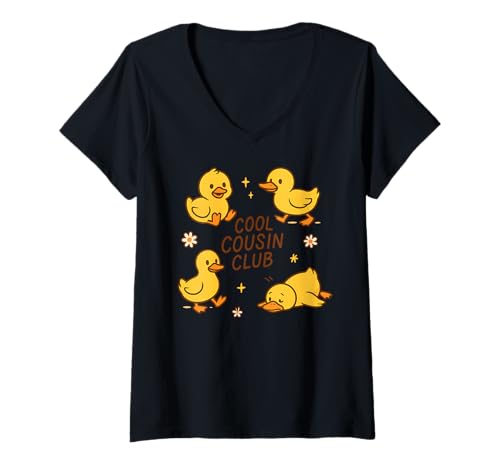 Damen Coole Cousin Club Süße Entchen T-Shirt mit V-Ausschnitt von Playful Duck Funny Family Cousin Crew Accessories