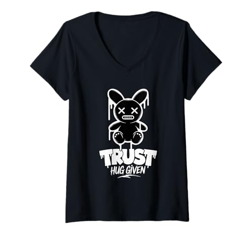 Damen Trust Hug hat einen gruseligen Hasenausdruck bekommen T-Shirt mit V-Ausschnitt Damen Trust Hug hat einen gruseligen Hasenausdruck bekommen T-Shirt mit V-Ausschnitt von Playful Edgy Creepy Bunny Trust Expression