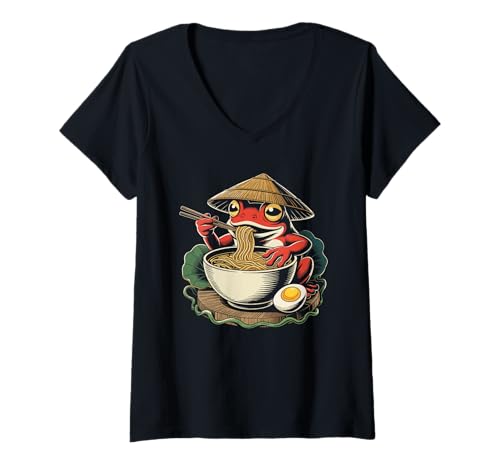 Damen Cartoon Frosch Isst Nudeln Lustige Asia Food Kunst Humor T-Shirt mit V-Ausschnitt von Playful Frog Noodle Illustration Asia Cartoon