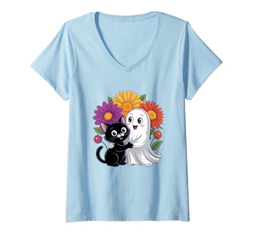 Damen Entzückender Geist und Katze mit Blumen T-Shirt mit V-Ausschnitt von Playful Ghost And Cat Halloween Friends