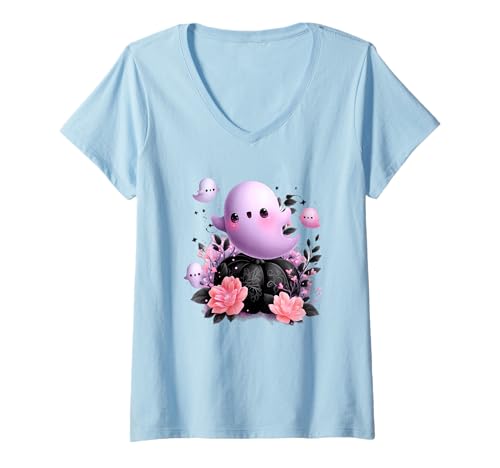 Damen Fröhliche Geister und rosa Blumen Halloween T-Shirt mit V-Ausschnitt Damen Fröhliche Geister und rosa Blumen Halloween T-Shirt mit V-Ausschnitt von Playful Ghosts With Roses Halloween Delight