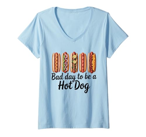 Damen Cartoon Five Topping Hot Dog Row Foodie Barbecue Cookout T-Shirt mit V-Ausschnitt von Playful Gourmet Street Food Illustration Summer
