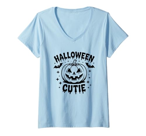 Damen Halloween Cutie Kürbis lächelndes Gesicht T-Shirt mit V-Ausschnitt Damen Halloween Cutie Kürbis lächelndes Gesicht T-Shirt mit V-Ausschnitt von Playful Halloween Pumpkin Design Fun