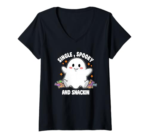 Damen Ghost Snack Top Lustige Single Halloween Design T-Shirt mit V-Ausschnitt Damen Ghost Snack Top Lustige Single Halloween Design T-Shirt mit V-Ausschnitt von Playful Holiday Style Design Co.