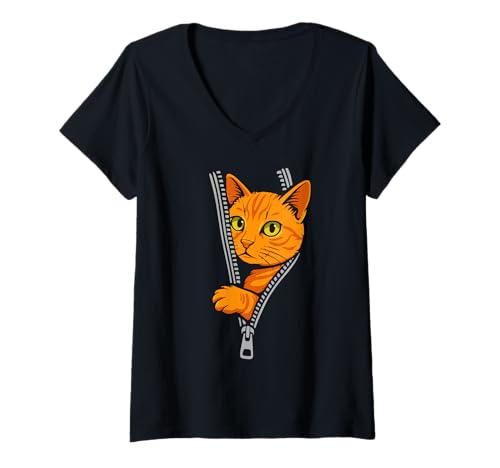 Damen Lustiges Katzenmotiv „Zipper Peek“, Motiv: Tabby-Katze, Orange T-Shirt mit V-Ausschnitt Damen Lustiges Katzenmotiv „Zipper Peek“, Motiv: Tabby-Katze, Orange T-Shirt mit V-Ausschnitt von Playful Orange Tabby Cat Zipper Peek Designs