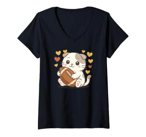 Damen Niedliche Katze hält Fußball mit Herzen T-Shirt mit V-Ausschnitt Damen Niedliche Katze hält Fußball mit Herzen T-Shirt mit V-Ausschnitt von Playful Paws Apparel