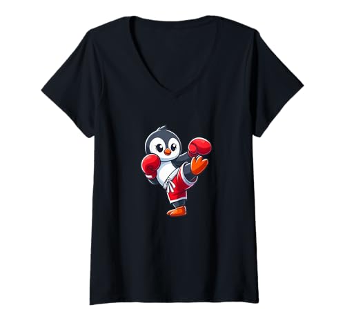 Damen Cooler Cartoon-Pinguin-Kickboxer-Boxspaß T-Shirt mit V-Ausschnitt Damen Cooler Cartoon-Pinguin-Kickboxer-Boxspaß T-Shirt mit V-Ausschnitt von Playful Penguin Kickboxing Adventure