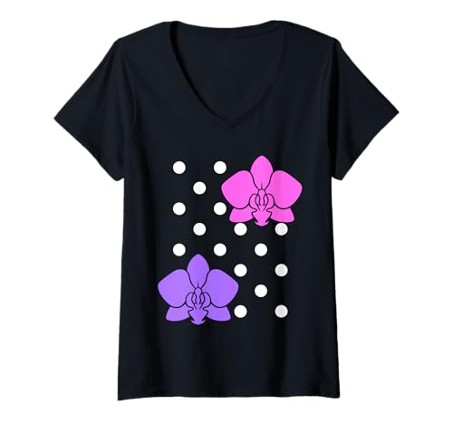 Damen Elegante rosa lila Orchideen Polka Dot Muster Formen Mania T-Shirt mit V-Ausschnitt von Playful Polka Dot Flowers Charm Shapes Mania