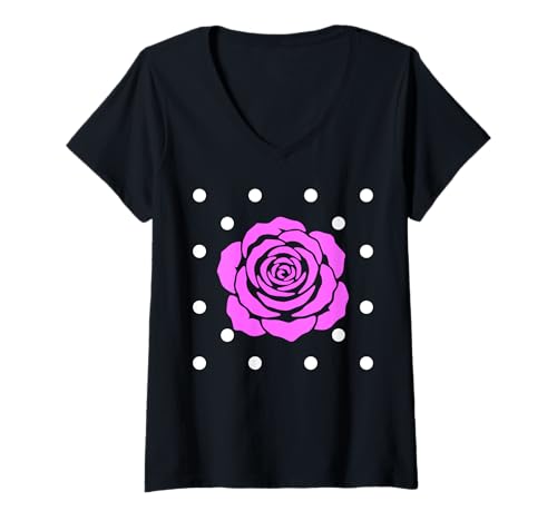 Damen Elegantes Solo Pink Rose Polka Dot Muster Formen Mania T-Shirt mit V-Ausschnitt von Playful Polka Dot Flowers Charm Shapes Mania