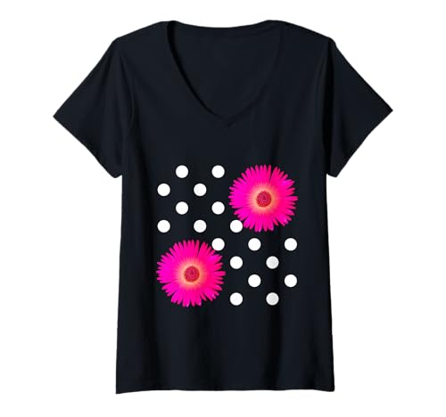 Damen Happy Playful Shapes Mania Anhänger mit rosafarbenem Gänseblümchen im Retro-Look T-Shirt mit V-Ausschnitt von Playful Polka Dot Flowers Charm Shapes Mania
