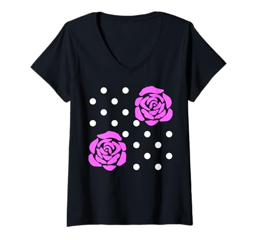 Damen Rosa Rose Polka Dot Muster Formen Mania T-Shirt mit V-Ausschnitt von Playful Polka Dot Flowers Charm Shapes Mania