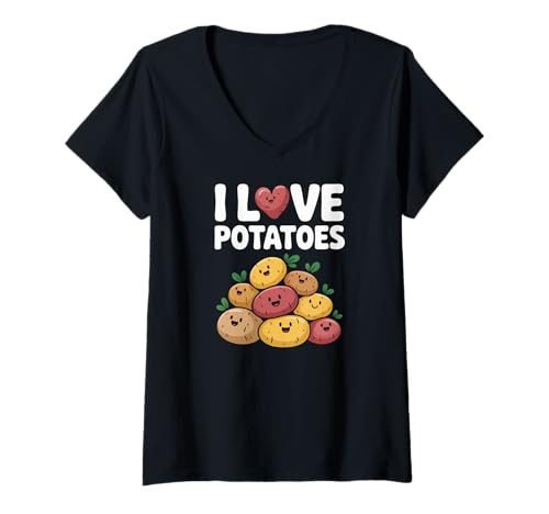 Damen Ich Liebe Kartoffeln Süßer Gemüse-Cartoon T-Shirt mit V-Ausschnitt von Playful Potato Lovers Club Happy Vegetables