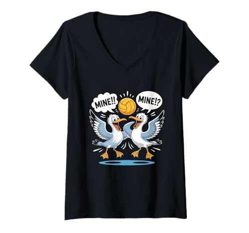 Damen Mine Mine Möwe Volleyball Humor T-Shirt mit V-Ausschnitt von Playful Seagull Volleyball Fun Beach