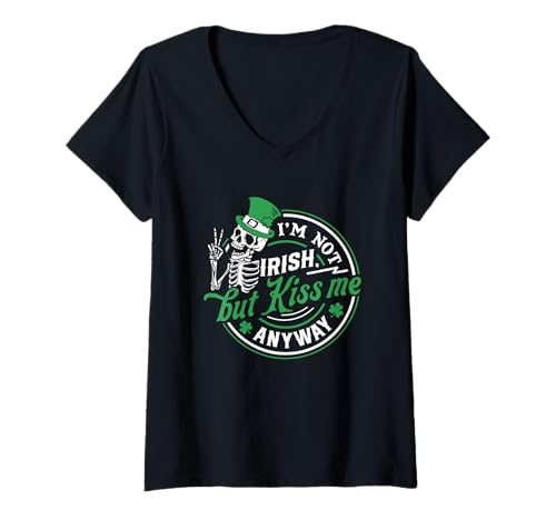 Damen I'm Not Irish But Kiss Me Anyway Skelett T-Shirt mit V-Ausschnitt Damen I'm Not Irish But Kiss Me Anyway Skelett T-Shirt mit V-Ausschnitt von Playful Skeleton Festive Humor Apparel