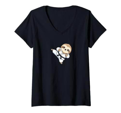 Damen Lustiges Faultier Karate Kick Cartoon Chibi Design T-Shirt mit V-Ausschnitt von Playful Sloth Martial Arts Karate Chibi