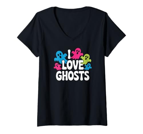 Damen Ich Liebe Geister, Bunte Geister, Spaß T-Shirt mit V-Ausschnitt Damen Ich Liebe Geister, Bunte Geister, Spaß T-Shirt mit V-Ausschnitt von Playful Specter Enthusiasm