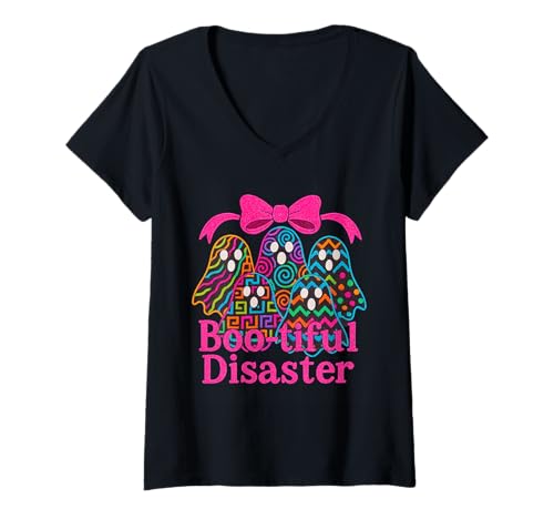 Damen Buntes Muster Geister Boo-Tiful Katastrophe Halloween Design T-Shirt mit V-Ausschnitt von Playful Spooky Co.