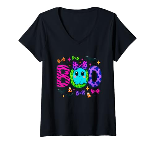Damen Bunter Boo-Geist mit Schleifen und Zuckermais T-Shirt mit V-Ausschnitt Damen Bunter Boo-Geist mit Schleifen und Zuckermais T-Shirt mit V-Ausschnitt von Playful Spooky Halloween