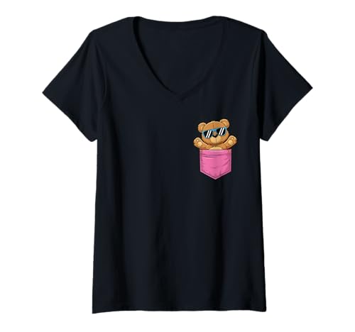 Damen Cooler Teddybär mit Sonnenbrille, der aus der Tasche schaut, süßer Trend T-Shirt mit V-Ausschnitt Damen Cooler Teddybär mit Sonnenbrille, der aus der Tasche schaut, süßer Trend T-Shirt mit V-Ausschnitt von Playful Teddy Bear Pocket Style Apparel Co.