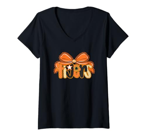 Damen Pfoten Cheer mit Tigerbogen und Sternmotiv T-Shirt mit V-Ausschnitt Damen Pfoten Cheer mit Tigerbogen und Sternmotiv T-Shirt mit V-Ausschnitt von Playful Tigers Bow Star Paws Fun